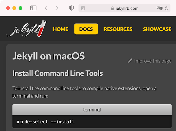 Jekyll's first step: Install command line tools by running xcode-select --install