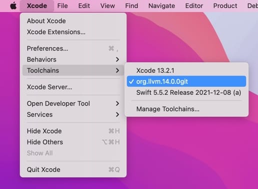 Using the Xcode Toolchain menu to switch to my custom dev toolchain.